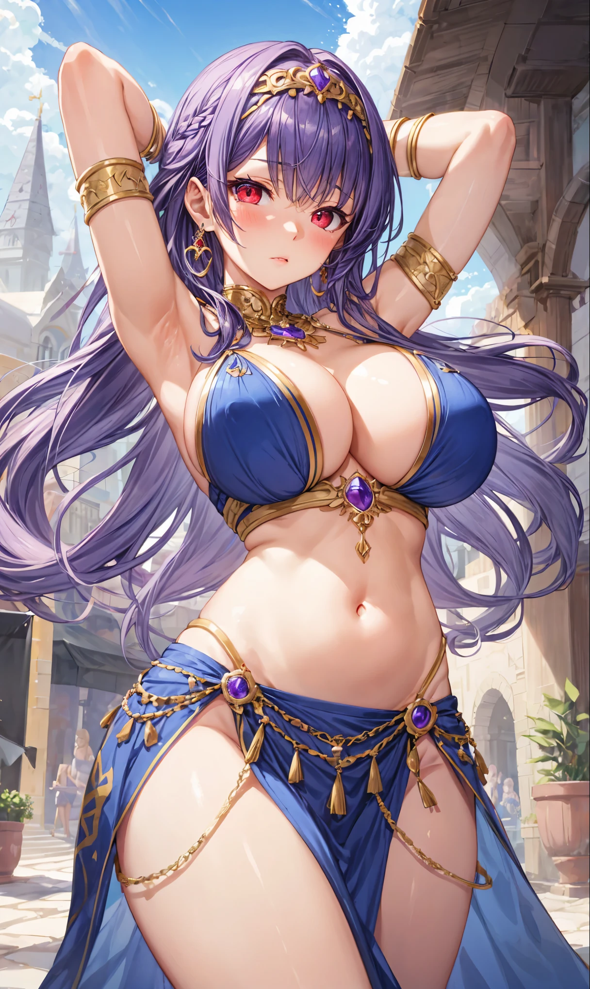high quality, ultra detailed, best quality, insanely detailed, beautiful, masterpiece, 1girl, amine illustration, belly dancer, medieval plaza, red eyes, long hair, purple hair, harem outfit, bikini, pelvic curtain, circlet, ear_rings, armlets, bracelets, blush, closed mouth, big_breast, cleavage, soft stomach