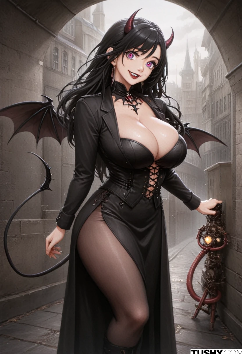 detailed illustration (side view),dynamic angle,ultra-detailed, illustration, pose for the camera, smiling at viewer, clean line art, shading, anime, 2020’s anime style, detailed eyes, detailed face, beautiful face

Big soft woman, motherly, milf, thick, tall woman, well proportioned, evenly proportioned, long black hair, waist coat tight, waist coat bursting at seams, cleavage, largesized boobs, demon, demon mommy, demonic mommy, long tail, no wings, no horns,
