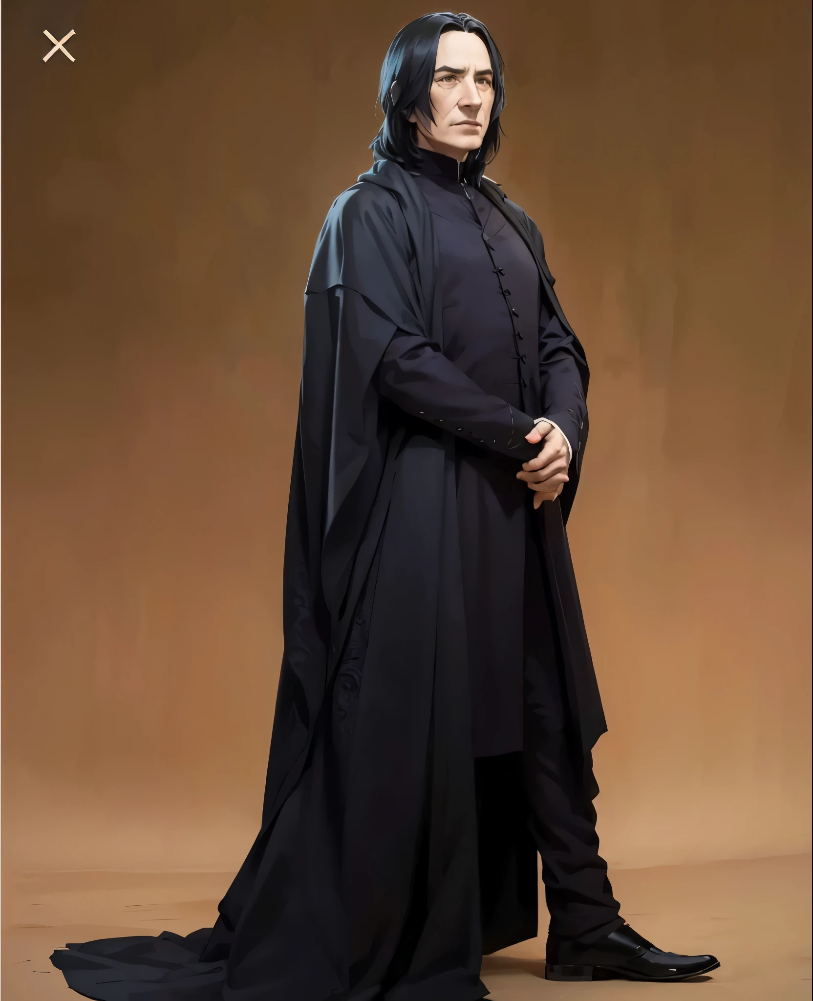 Severus Snape, extremamente realista, muito bonito, roupas pretas, serio