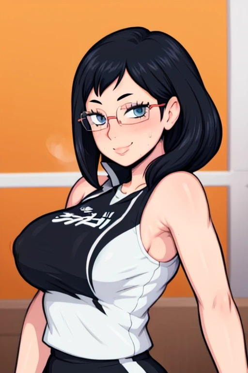 masterpiece, best quality, shimizu kiyoko looking at viewer, black hair, blue eyes color, large breasts, upper body, portrait, looking at viewer, seductive smile, armpits, armpits visible, sweaty armpits, wearing black orange volleyball uniform, wearing glasses