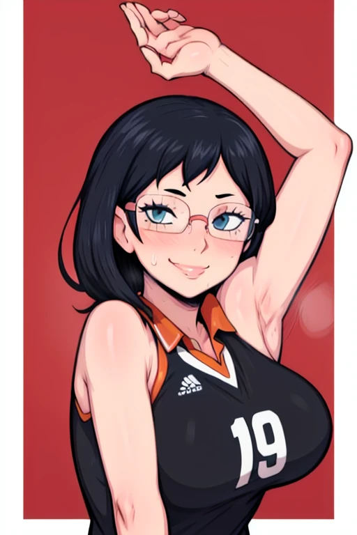 masterpiece, best quality, shimizu kiyoko looking at viewer, black hair, blue eyes color, large breasts, upper body, portrait, looking at viewer, seductive smile, armpits, armpits visible, sweaty armpits, wearing black orange volleyball uniform, wearing glasses