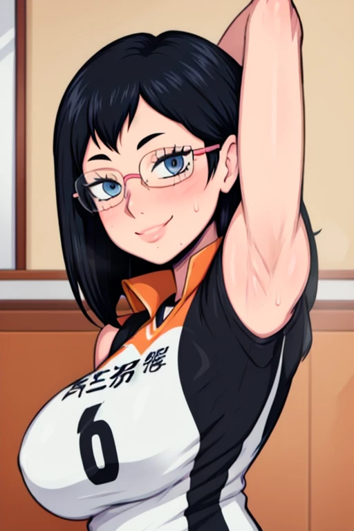 masterpiece, best quality, shimizu kiyoko looking at viewer, black hair, blue eyes color, large breasts, upper body, portrait, looking at viewer, seductive smile, armpits, armpits visible, sweaty armpits, wearing black orange volleyball uniform, wearing glasses