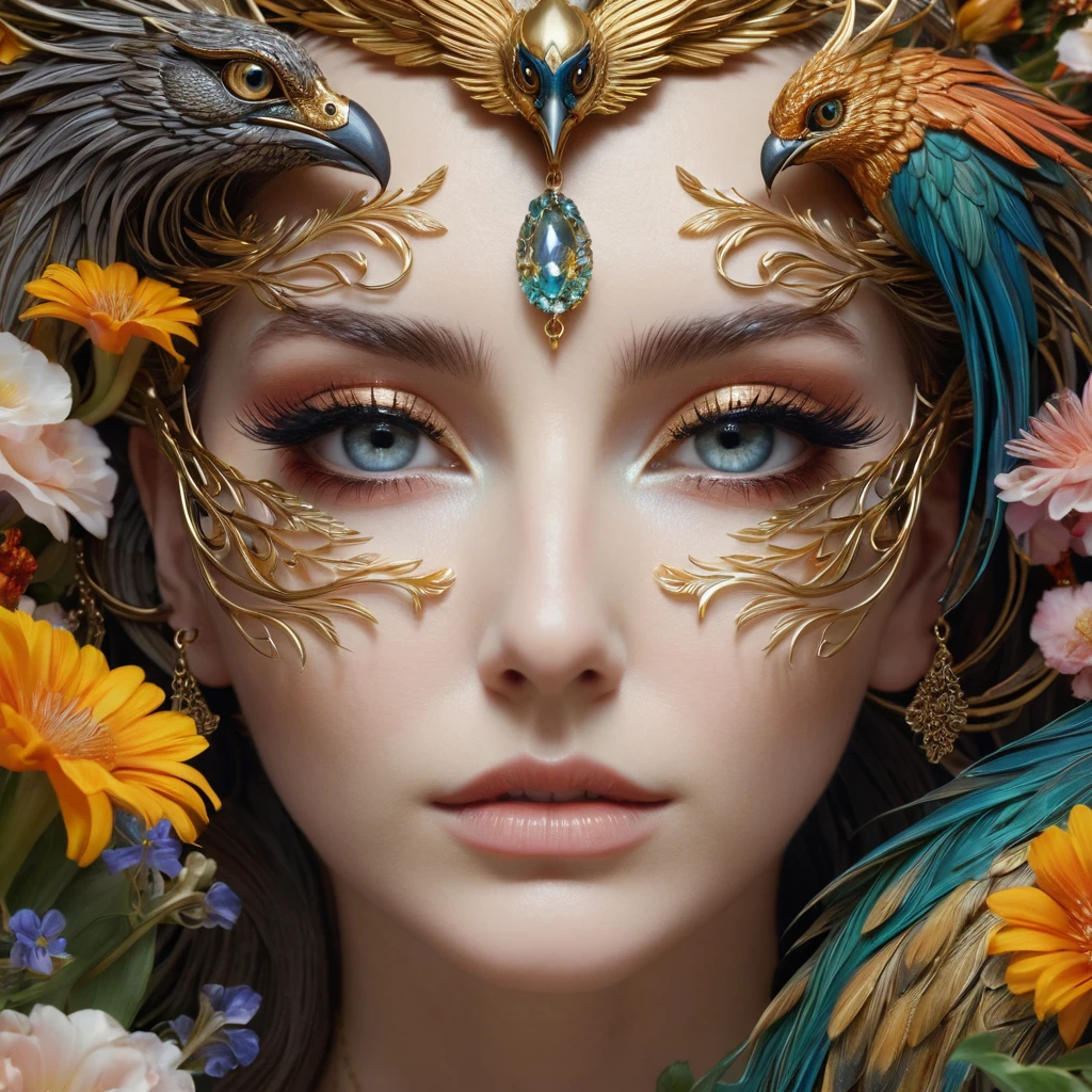 Head close-up,Phoenix,Eyes are very delicate,necklace,(((a garden with many flowers)), ((Intricate details)), ((Surrealism))(8K)