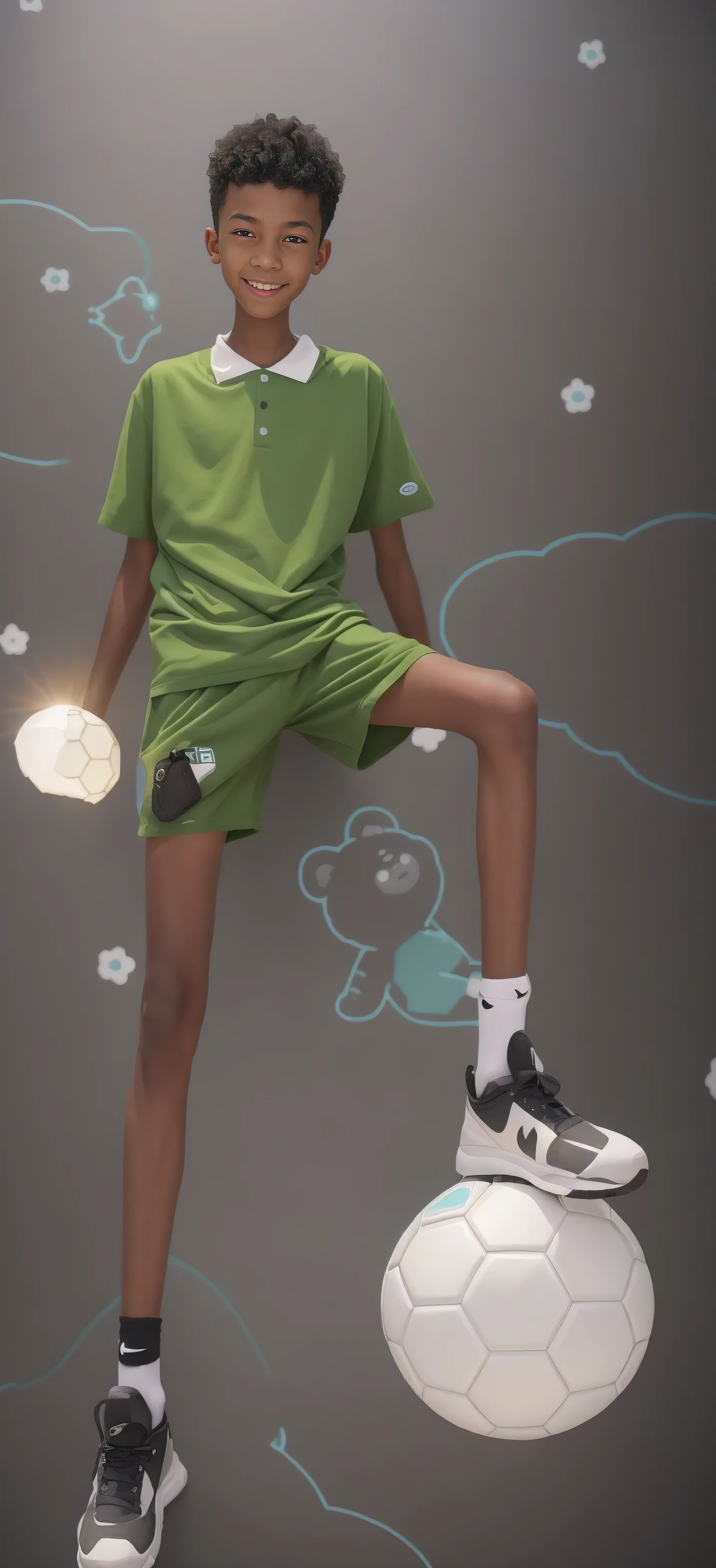 14 year old boy,(Wearing a bright green T-shirt,White shorts),Dark skin,Big round eyes,Very short hair,Tall and skinny,Toothy Smile,Sharpen details,Realism,on the grass,Black socks