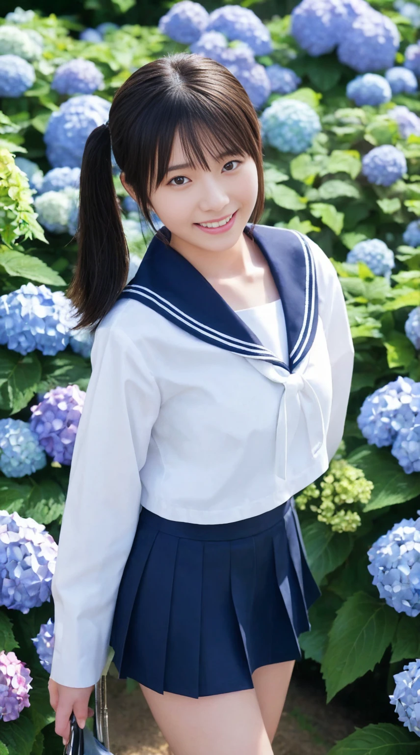 最high quality、high quality、Best image quality、Small size sailor suit、Tight uniform、Summer clothes、mini skirt、Twin tails、smile、,最High resolution、High resolution、最high quality、masterpiece、RAW Photos、whole body写真、Detailed and realistic human body、Detailed and realistic skin、Realistic face in every detail、Detailed and realistic eyes、Detailed and realistic lips、Detailed and realistic teeth、Detailed and realistic ears、Detailed and realistic hair、Detailed and realistic weapons、Realistic reproduction of every detail、Realistic fingers in every detail、(Beautiful Hands、thumb１reference４)、Realistic feet down to the last detail、((Beautiful Japanese Woman))、(Japanese Model)、((21 year old beautiful woman))、(Black Hair)、(Straight hair)、((whole body))、(Slim and perfect figure)、(whole body光沢肌、Fair skin)、Detailed and realistic human body、Detailed and realistic skin、Realistic face in every detail、Detailed and realistic weapons、Realistic fingers in every detail、Detailed realistic feet、Soft natural light、Japanese garden、A 360-degree view of hydrangea fields、((Standing in the middle of a hydrangea field(A girl surrounded by hydrangeas 360 degrees))、Poses to make your thighs look beautiful