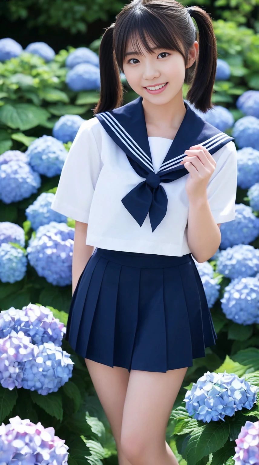 最high quality、high quality、Best image quality、Small size sailor suit、Tight uniform、Summer clothes、mini skirt、Twin tails、smile、,最High resolution、High resolution、最high quality、masterpiece、RAW Photos、whole body写真、Detailed and realistic human body、Detailed and realistic skin、Realistic face in every detail、Detailed and realistic eyes、Detailed and realistic lips、Detailed and realistic teeth、Detailed and realistic ears、Detailed and realistic hair、Detailed and realistic weapons、Realistic reproduction of every detail、Realistic fingers in every detail、(Beautiful Hands、thumb１reference４)、Realistic feet down to the last detail、((Beautiful Japanese Woman))、(Japanese Model)、((21 year old beautiful woman))、(Black Hair)、(Straight hair)、((whole body))、(Slim and perfect figure)、(whole body光沢肌、Fair skin)、Detailed and realistic human body、Detailed and realistic skin、Realistic face in every detail、Detailed and realistic weapons、Realistic fingers in every detail、Detailed realistic feet、Soft natural light、Japanese garden、A 360-degree view of hydrangea fields、((Standing in the middle of a hydrangea field(A girl surrounded by hydrangeas 360 degrees))、Poses to make your thighs look beautiful