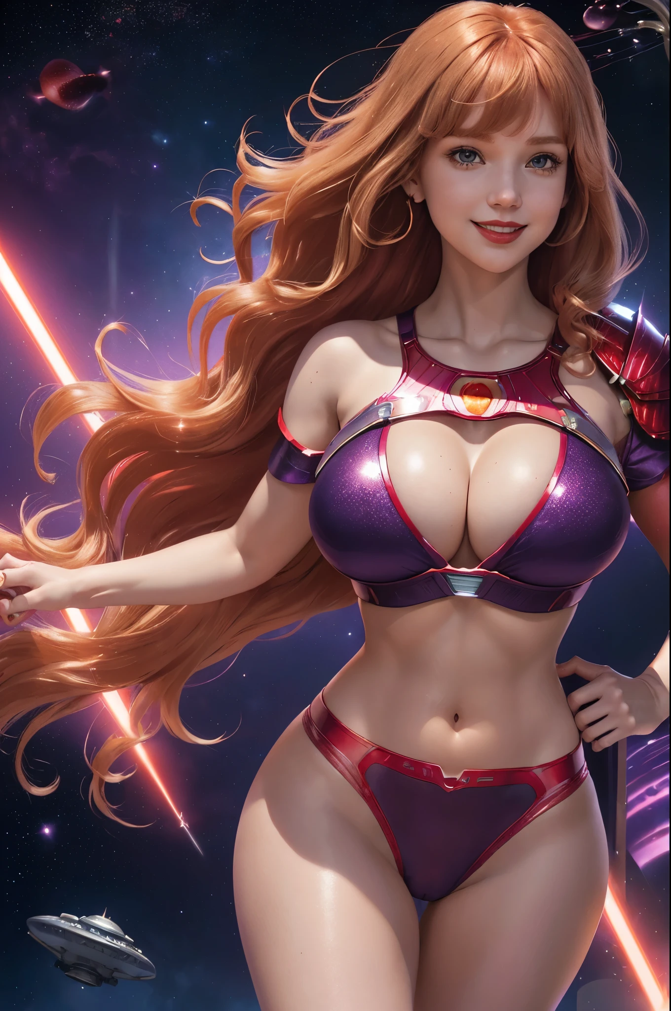 Supergirl, 27 years old, full body view Beautiful woman (((shoulder length wavy strawberry blonde hair, two side up with bangs))) defined body, Red lipstick, smiling, hands free, standing facing camera, (( short sleeve, two piece knee length sparkling purple futuristic body armor with matching red briefs)), space station orbiting earth, (large_breasts:1.4) (curvy:1.3)