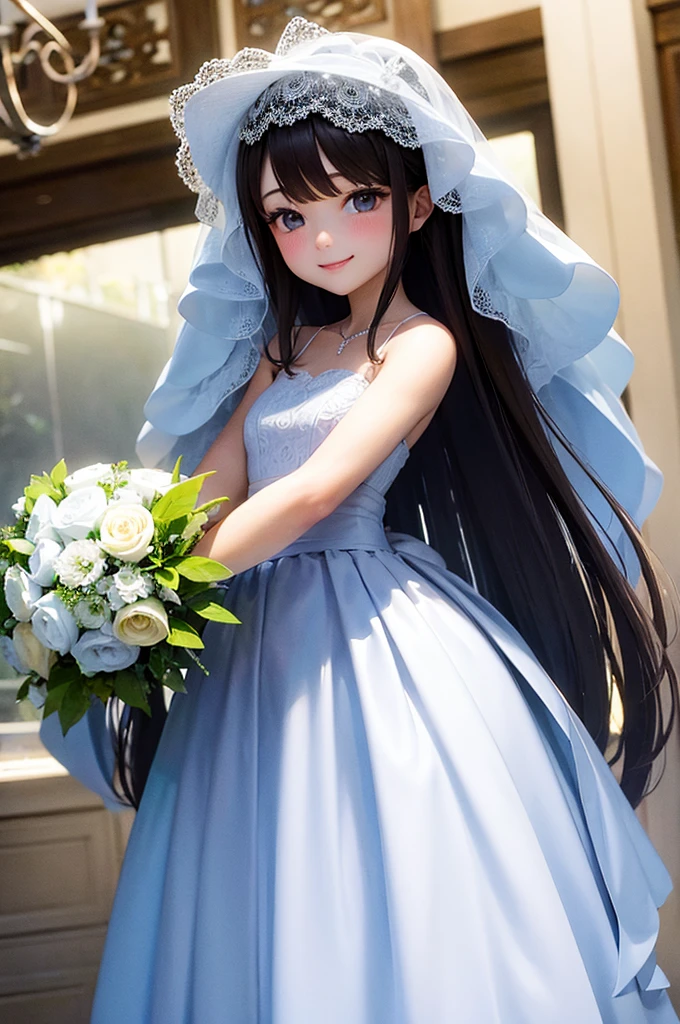 wedding　smile　Beauty　White Dress　White flower bouquet　blue sea　White sand beach　Light of the sun　Fantasy