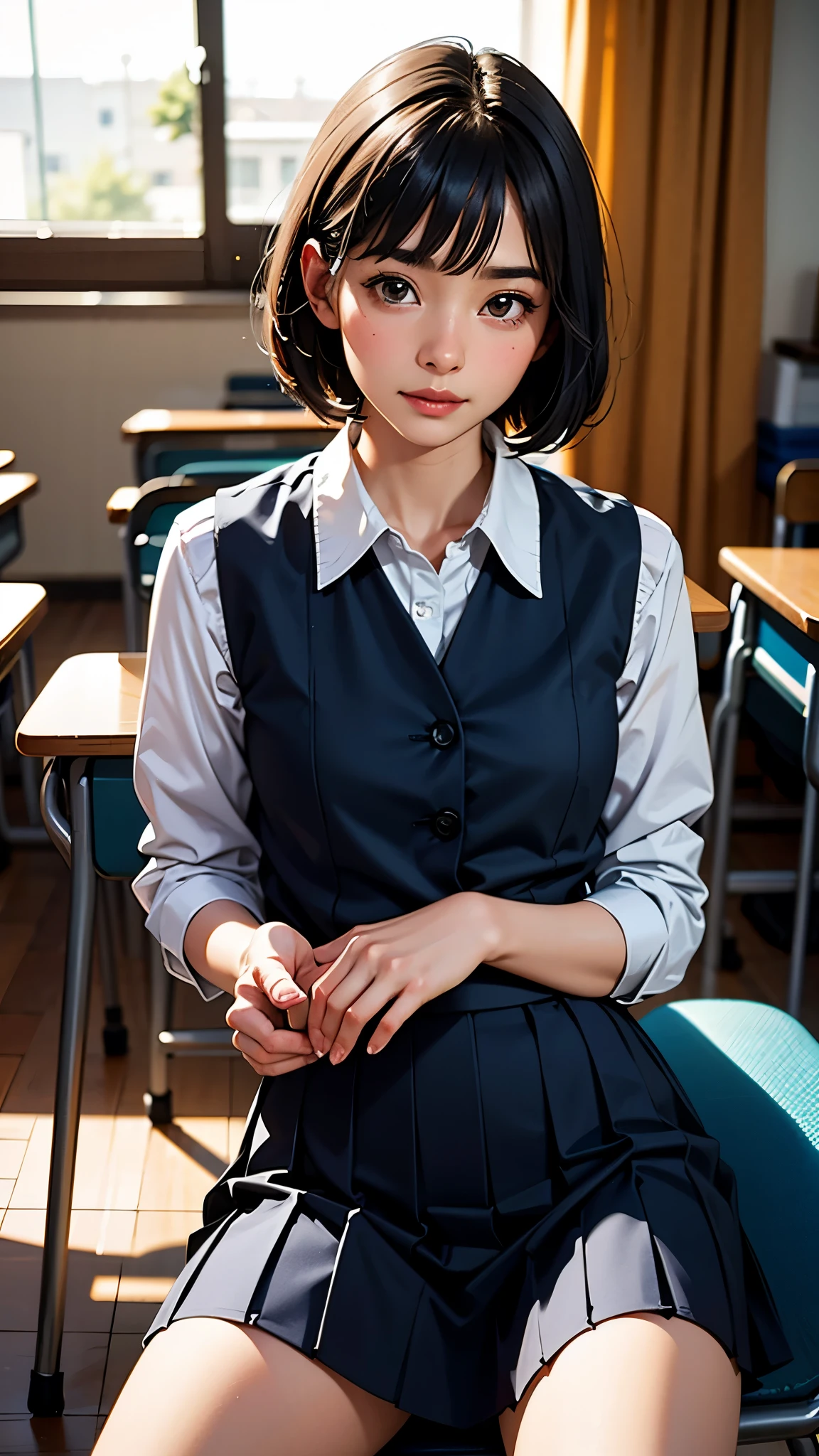 Japanese、Japanese high school girls uniform、School classroom、Sitting in a chair、masterpiece, 最high quality, Ultra-high resolution, (Realistic:1.4), Beautiful face in every detail, High Quality Clothing, Amazing japanese Women, very cute, Portraiture, Soft skin and perfect face、Perfect Face, short hair, 8k resolution,Super Realistic,Very detailed,high quality, Broad perspective、bangs、