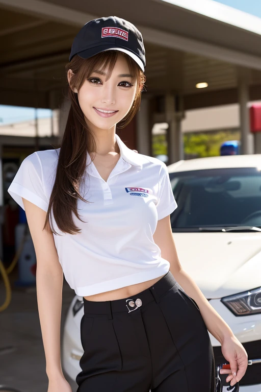 (((gas station employee, Gas station uniform and pants, Put on a gas station cap, Refueling the car))), Dynamic, cinematic photos,(Ultra Realistic, High resolution), (Highly detailed eyes, Highly detailed hair, highly Detailed face, Highly detailed plump lips，Perfect Anatomy),(highest quality:1.4), (Realistic, photo-Realistic:1.37), Professional photography, Cinematic Light, (Detailed face: 1.2), Brunette woman,slim,(Beautiful leg lines ),(Famous Japanese actresses:1.2), RAW Photos, Highly detailed skin,very thin fingers, Highly detailed nose, Highly detailed mouth,Very beautiful legs,Highly detailed background,smile