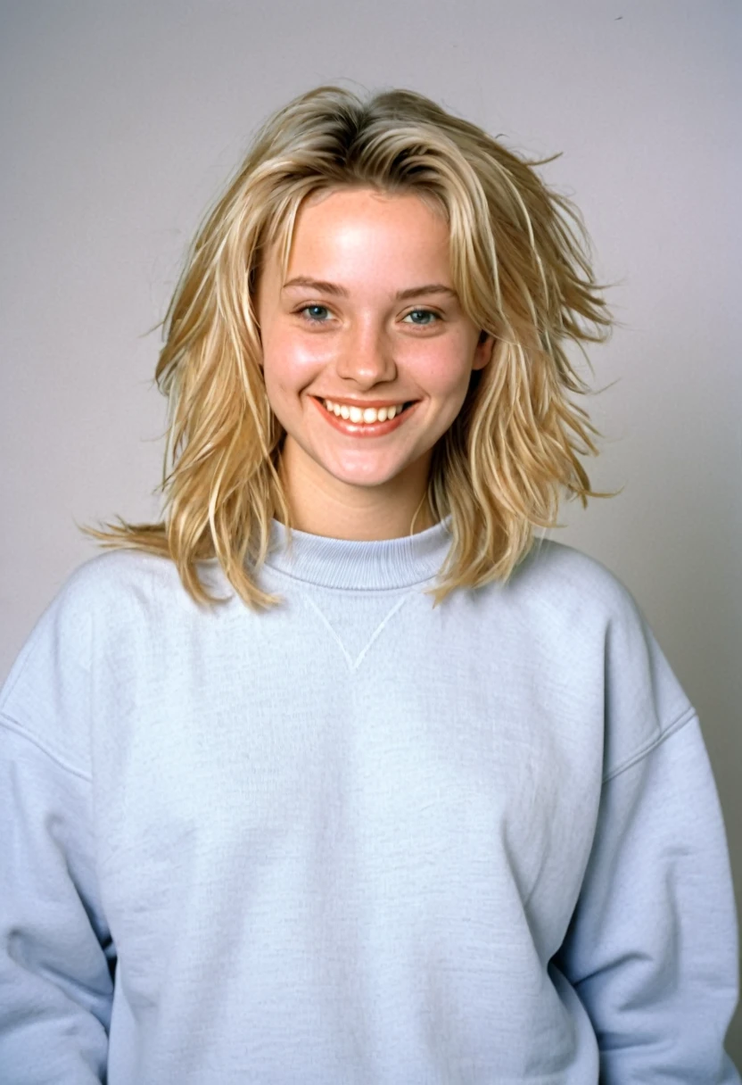blonde twenty-five year old woman, baggy sweatshirt, smiling, photorealistic, 1996, 90s, 1990s, studio portrait, blank flat background