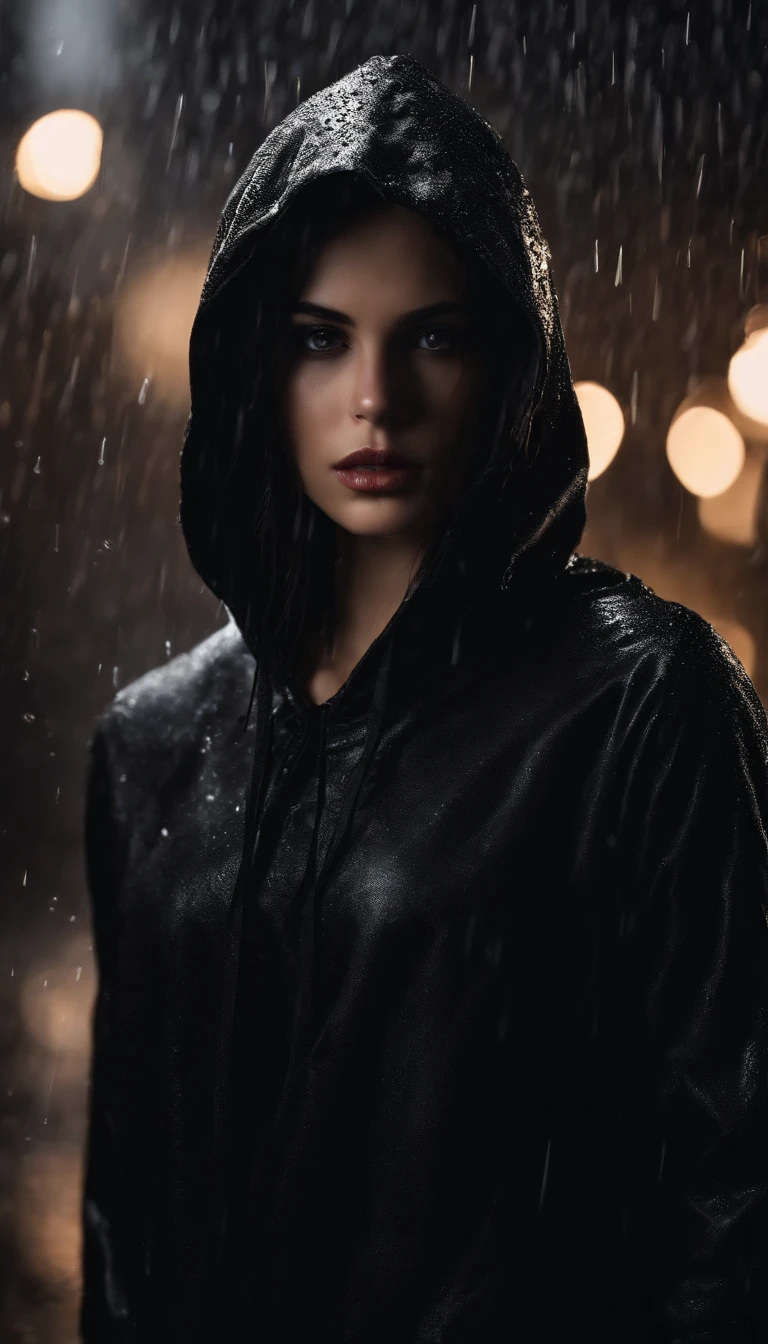 A 20-year-old girl, murderous, with dark hair and piercing eyes, wears a simple black hood that partially covers her face. She is in a dark environment during a rainy night, with raindrops running down her face. His posture is firm and determined, with his shoulders slightly tilted forward, indicating readiness for action. The lighting of the scene highlights the details of his serious and focused expression, while the dark atmosphere highlights his mysterious and lethal aura.
