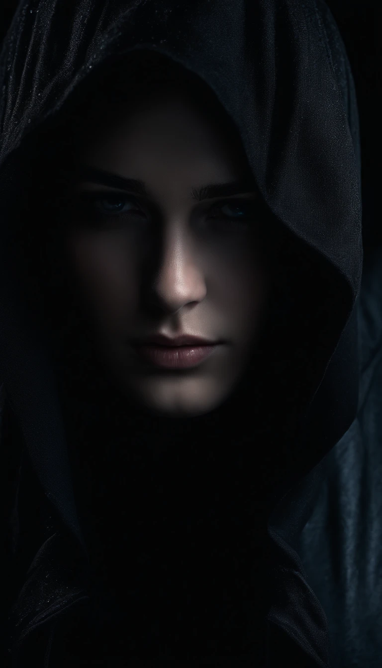 A 20-year-old girl, murderous, with dark hair and piercing eyes, wears a simple black hood that partially covers her face. She is in a dark environment during a rainy night, with raindrops running down her face. His posture is firm and determined, with his shoulders slightly tilted forward, indicating readiness for action. The lighting of the scene highlights the details of his serious and focused expression, while the dark atmosphere highlights his mysterious and lethal aura.