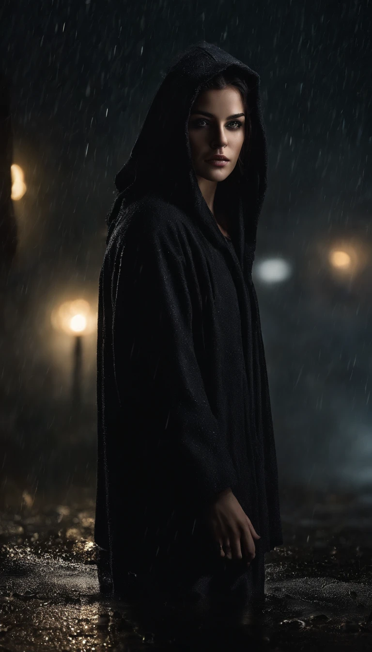 A 20-year-old girl, murderous, with dark hair and piercing eyes, wears a simple black hood that partially covers her face. She is in a dark environment during a rainy night, with raindrops running down her face. His posture is firm and determined, with his shoulders slightly tilted forward, indicating readiness for action. The lighting of the scene highlights the details of his serious and focused expression, while the dark atmosphere highlights his mysterious and lethal aura.