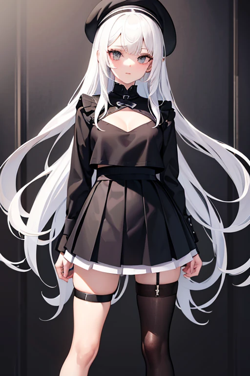 Girl with white hair, wearing a black top with a sweetheart cutout in the middle. She wears a black pleated miniskirt with white stripes., black stockings and black beret