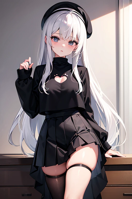 Girl with white hair, wearing a black top with a sweetheart cutout in the middle. She wears a black pleated miniskirt with white stripes., black stockings and black beret