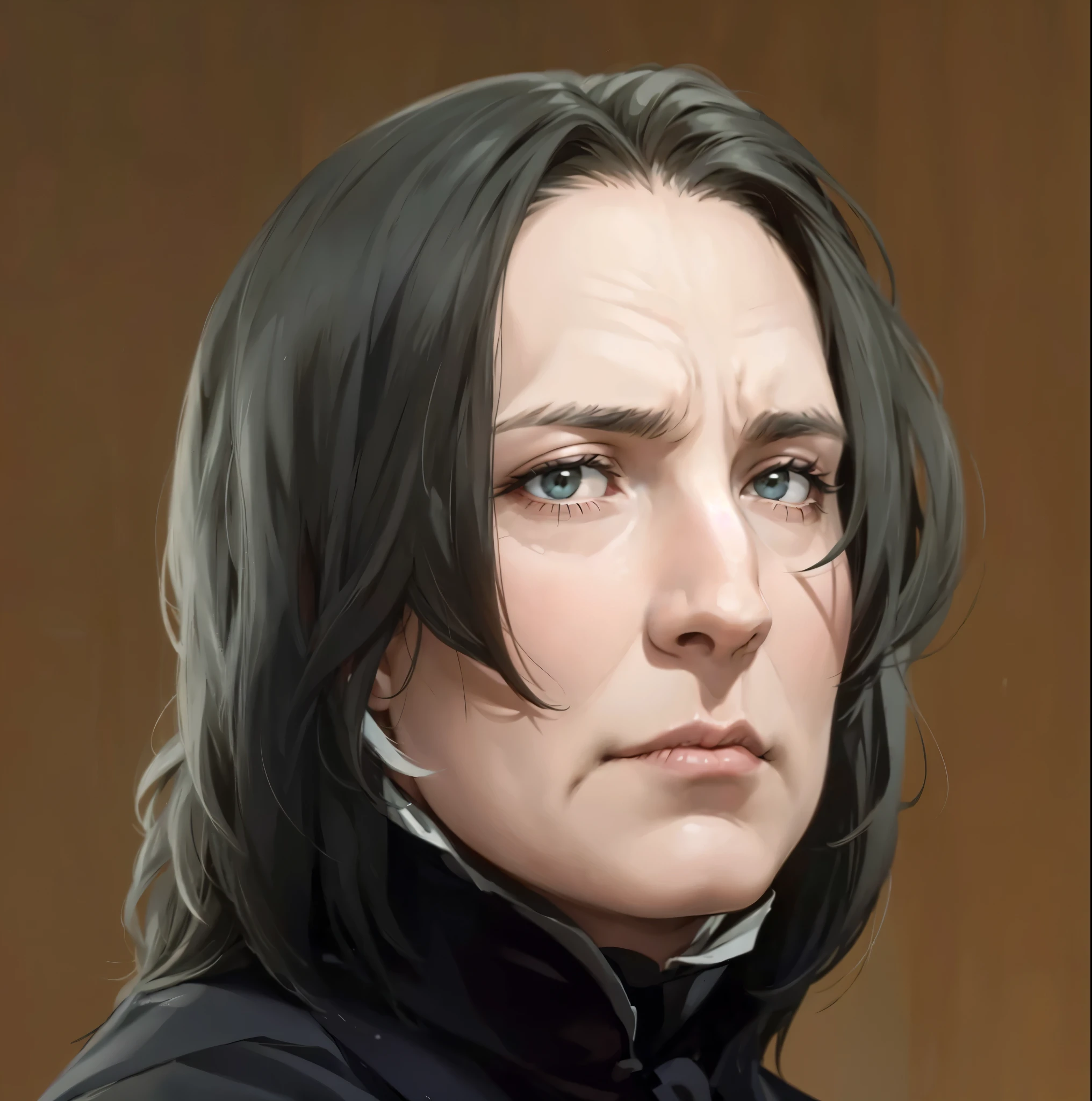 Severus Snape, extremamente realista, muito bonito, roupas pretas, serio