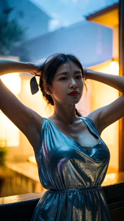  highest quality, Super detailed, (Ultra-high resolution,8K), Ultra-high definition 4K, (Perfect Anatomy, Anatomically correct), (Five Sensual Housewives:1.4), ((Place your hands behind your head., Elegant pose)), (Beautiful Eyes), (Detailed eyes), (High-quality  beauty), (In the Storm:1.2), (Photorealistic), (Detailed big breasts), Soft Skin, Glowing Skin, (Satin slip nightdress), Bright lighting, Very heavy rain, colorful, Goddess-like beauty, Friendly, (Five Sensual Housewives:1.4), Professional photography techniques