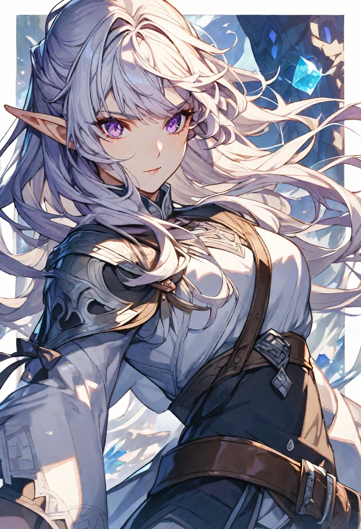 Solo, female, beautiful, medium platinum hair with bangs, half up half down hair, purple eyes, white coat, D&D, elf, mediaval