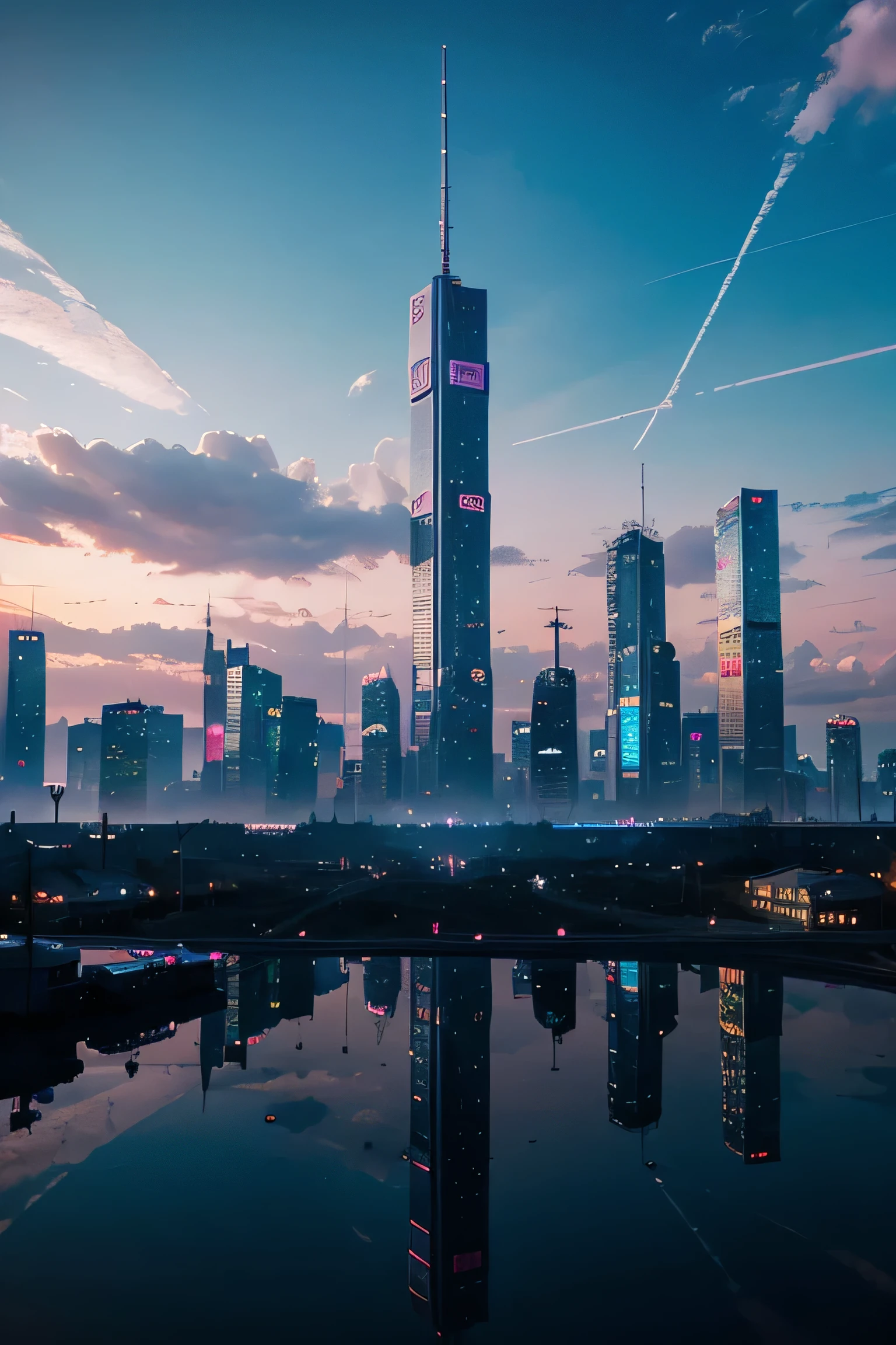 A cyberpunk glass city with blue pink sky