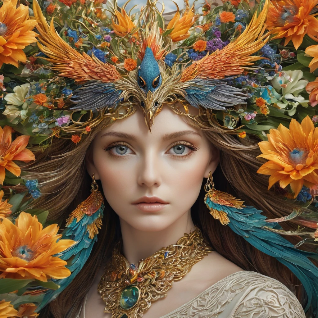 Head close-up,Phoenix,Eyes are very delicate,necklace,(((a garden with many flowers)), ((Intricate details)), ((Surrealism))(8K)