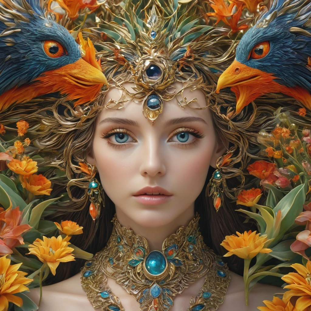 Head close-up，Phoenix，Eyes are very delicate，necklace，（（（a garden with many flowers））， （（Intricate details））， （（Surrealism））（8K）