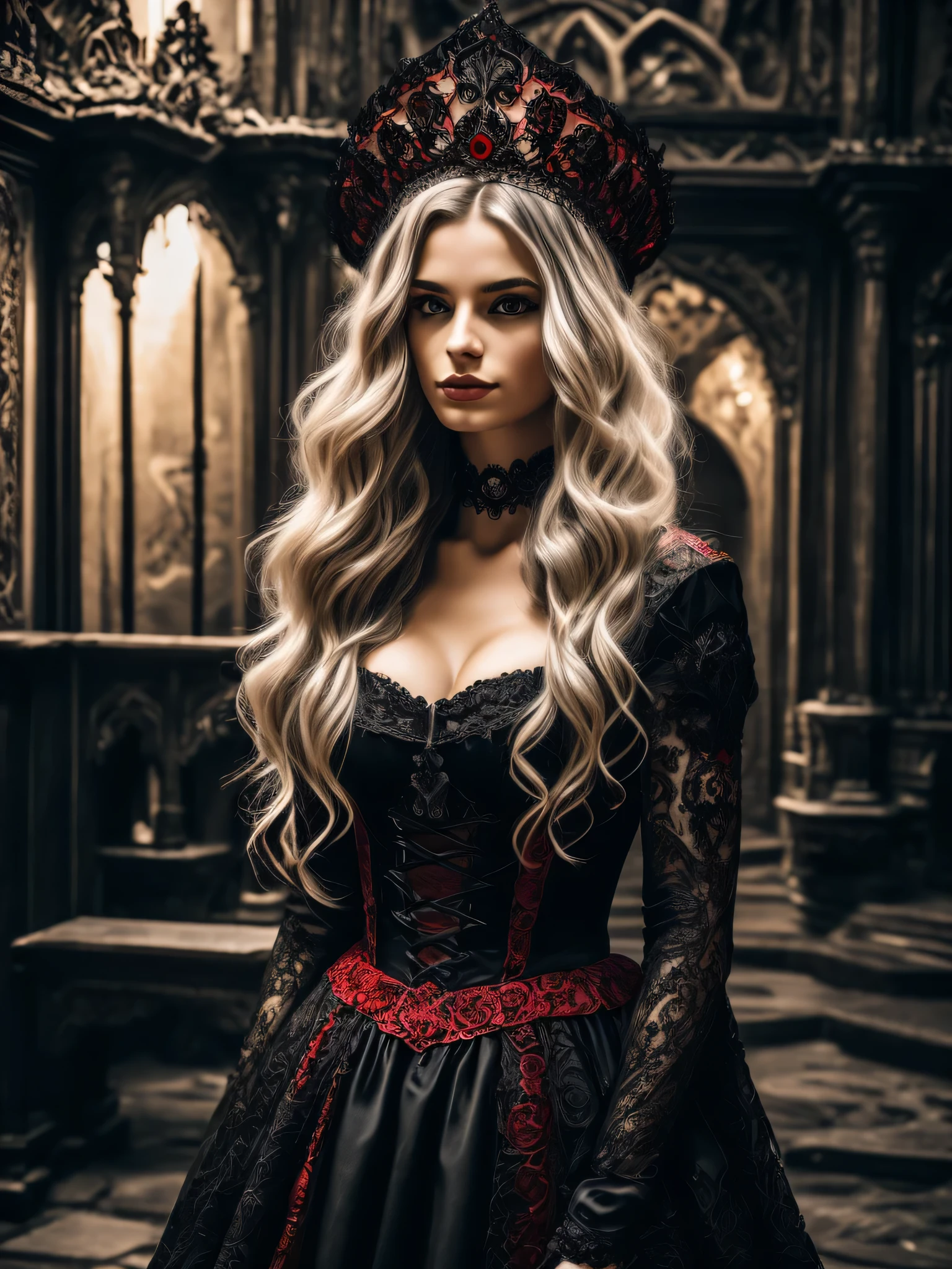 beautiful girl, 26 years old, blonde, red-black gothic dress, (inside castle), (diadema on head), (dark atmosphere), evil atmosphere, (detailed background:1.5), (intricate environment details), (hyperdetailed), (detailed skin and hair texture)+++, (ultra realism), (8K UHD), (ultra quality), (dslr), (hero view)