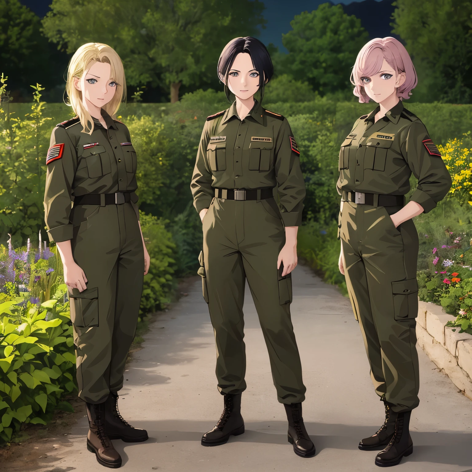 3 woman, wearing army uniforms,30 years old, different hairstyles, different hair colors, different hair styles, different eye colors, ultra detail, ultra HD, garden background,standing,half body photo ,at night