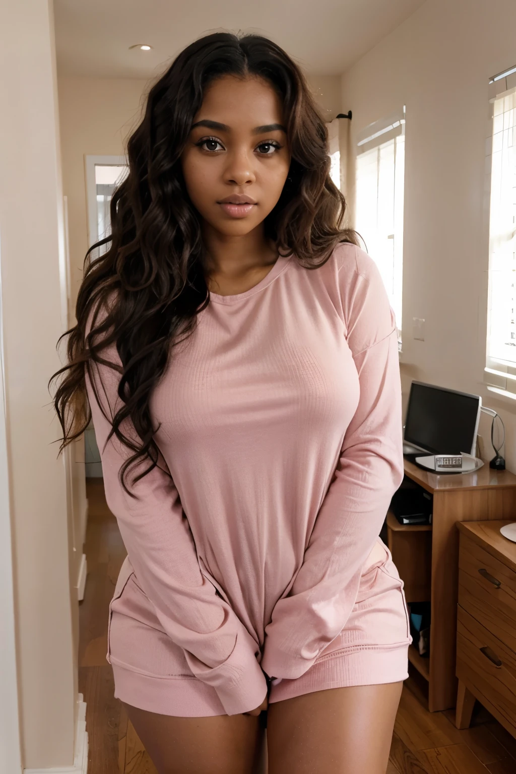 Black girl , wavy hair , big eyes , brown eyes , thick body, sexy body ,real , human , wearing a pink casual outfit