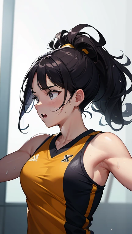 Stunning athlete, With graceful physique and agile movements, Curly black hair tied up in a high ponytail, Volleyball uniform, Moment of attack, Indoor court, Uplifting atmosphere, Emotional intensity, Realistic imagery, Vivid colors, Ultra-detailed, High resolution, Sharp focus, Physically-based rendering, Bokeh effect, Dynamic light and shadow, Emphasis on mobility, Raw photo style, Exceeding motion blur, Athlete's sweat gleaming, Professional quality, 4K.