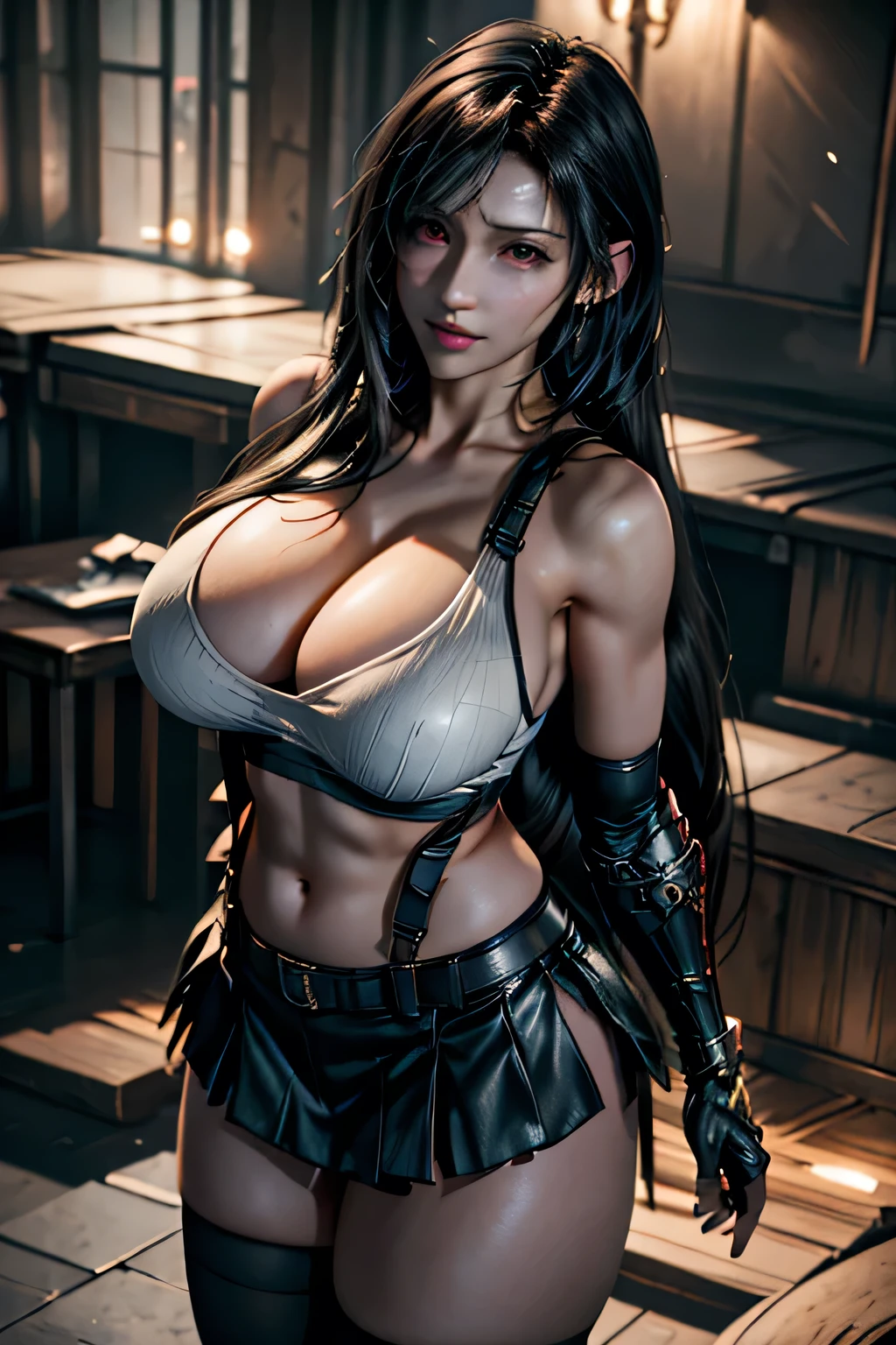 (8k, best quality, masterpiece:1,2), (realistic, photo-realistic:1,37), top quality, masterpiece, a beautiful woman, beautiful and tight body, tight clothes, cleavage, a little tattoo on the chest, a charming smile with dimples Tifa Lockheart long black hair, wearing a black leather pleeted mini skirt and suspenders, full body portrait, thick thighs, toned body,breasts, life like, high definition, high resolution, dynamic pose, delicate face, vibrant eyes, long hair, expressive hair, purple eyes, shy, blush, parted lips, heavy breathing, sparkle, god rays, super detail, high quality, anatomically correct, textured skin, best quality,full body portrait, guweiz on artstation pixiv, photo realism, ultra high detail, rich detail, sensual expression, resolution 4098x2160, 8k white haired deity,cinematic lighting, glowing light, god rays, ray tracing, reflection light, backlighting, blending, drop shadow, 360 view, UHD, masterpiece, ccurate, anatomically correct, super detail, high details, high quality, award winning, best quality, highres, 16k , ((looking up)), (big boobs), (naked boobs), ((viewer looking down)) sexy in a flower park,