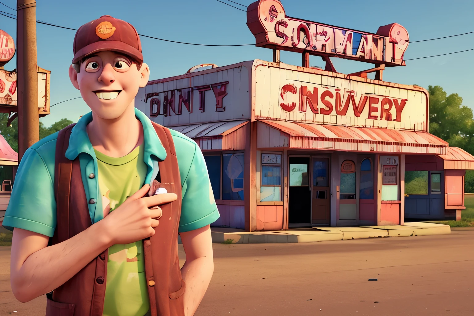 john standing in front of a sketchy convenience store by the abandoned amusement park