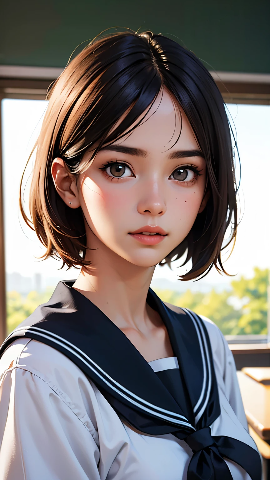 Japanese、Sailor suit、School classroom、masterpiece, 最high quality, Ultra-high resolution, (Realistic:1.4), Beautiful face in every detail, High Quality Clothing, Amazing japanese Women, very cute, Portraiture, Soft skin and perfect face、Perfect Face, short hair, 8k resolution,Super Realistic,Very detailed,high quality, Broad perspective、