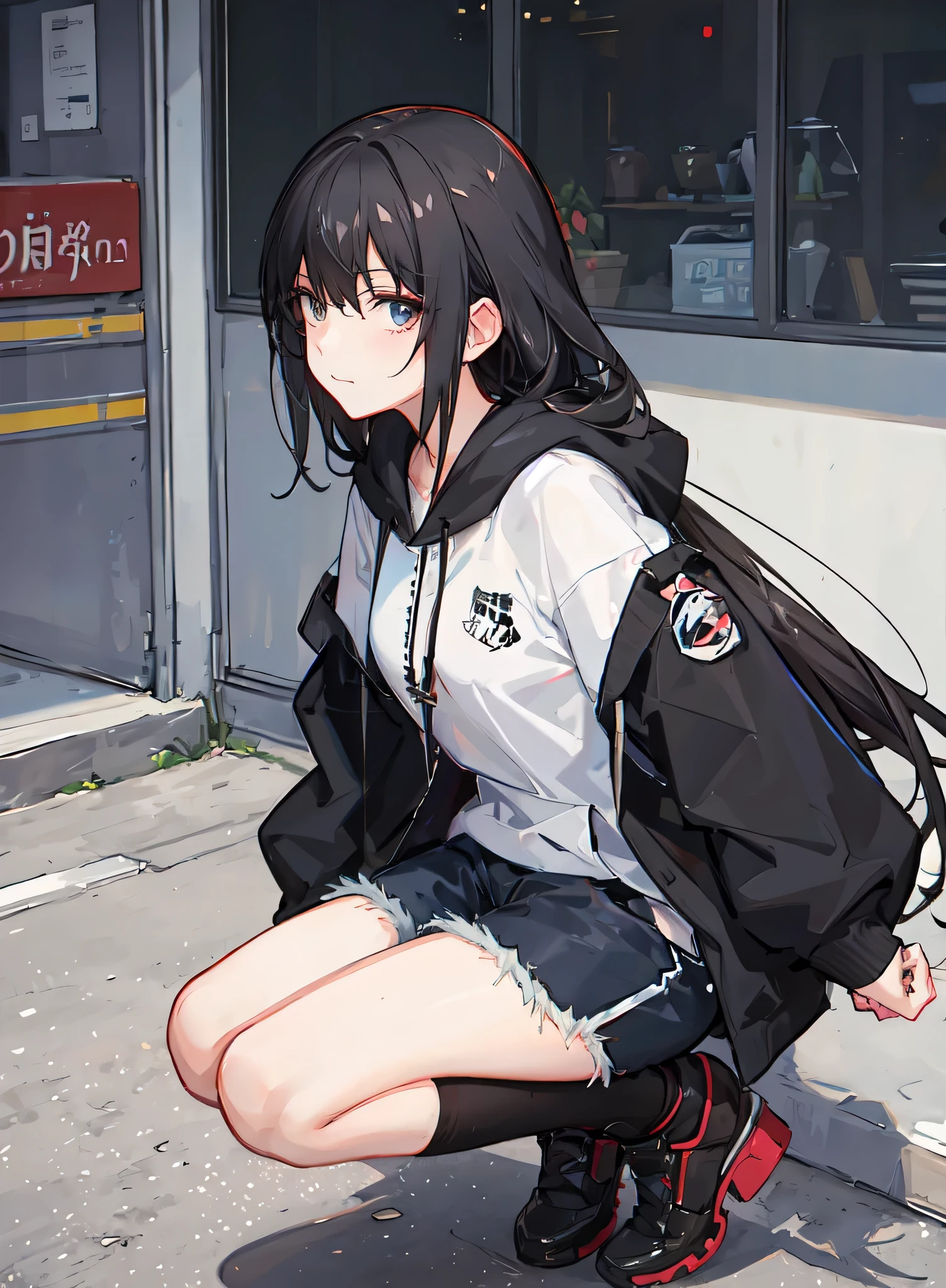 Beautiful adult anime girl, long black hair, hoodie white and shorts, and daily life, arknights theme 