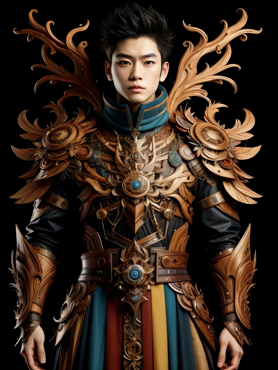 (high quality), (masterpiece), (detailed), 8K, Hyper-realistic illustration depicts (Japanese boy1.3) with striking features, adorned in intricately designed (wood skin attire1.2), showcasing exceptional craftsmanship. Upper body focused, with subtle (wood grain texture1.2) and (intricate patterns1.2) on the attire, blending seamlessly with the subject's skin. In style of Takashi Murakami, trending on Artstation.