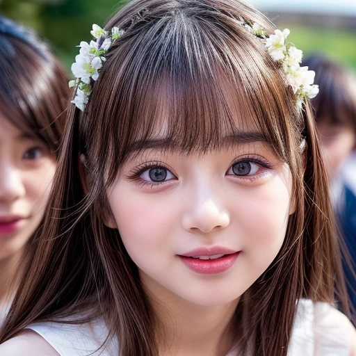 Best_Quality, (masterpiece:1.2) of Hi-Res photo, (realistic and photorealistic with touch of rawness:1.37), ( group photo:1.6), (((SchoolGirls Surrounding the camera))), (Upward composition:1.4), (Filled with many Faces), (NOGIZAKA face variations:1.4), { Looking down at the camera | (Kissing face to face) }, (((close:1.4, Face closeup from below:1.4))), (((Sky background) with CherryBlossoms)) . BREAK . Extremely Detailed KAWAII face variations, captivating gaze, elaborate detailed Eyes with (sparkling highlights:1.2), long eyelashes、Glossy RED Lips with beautiful details, Coquettish tongue, Rosy cheeks, Glistening ivory skin . { (Dynamic joyful expressions) | (:D) | (Kissing) | Tongue out | baby hair | Updos | OKAPPA }, Childish, .