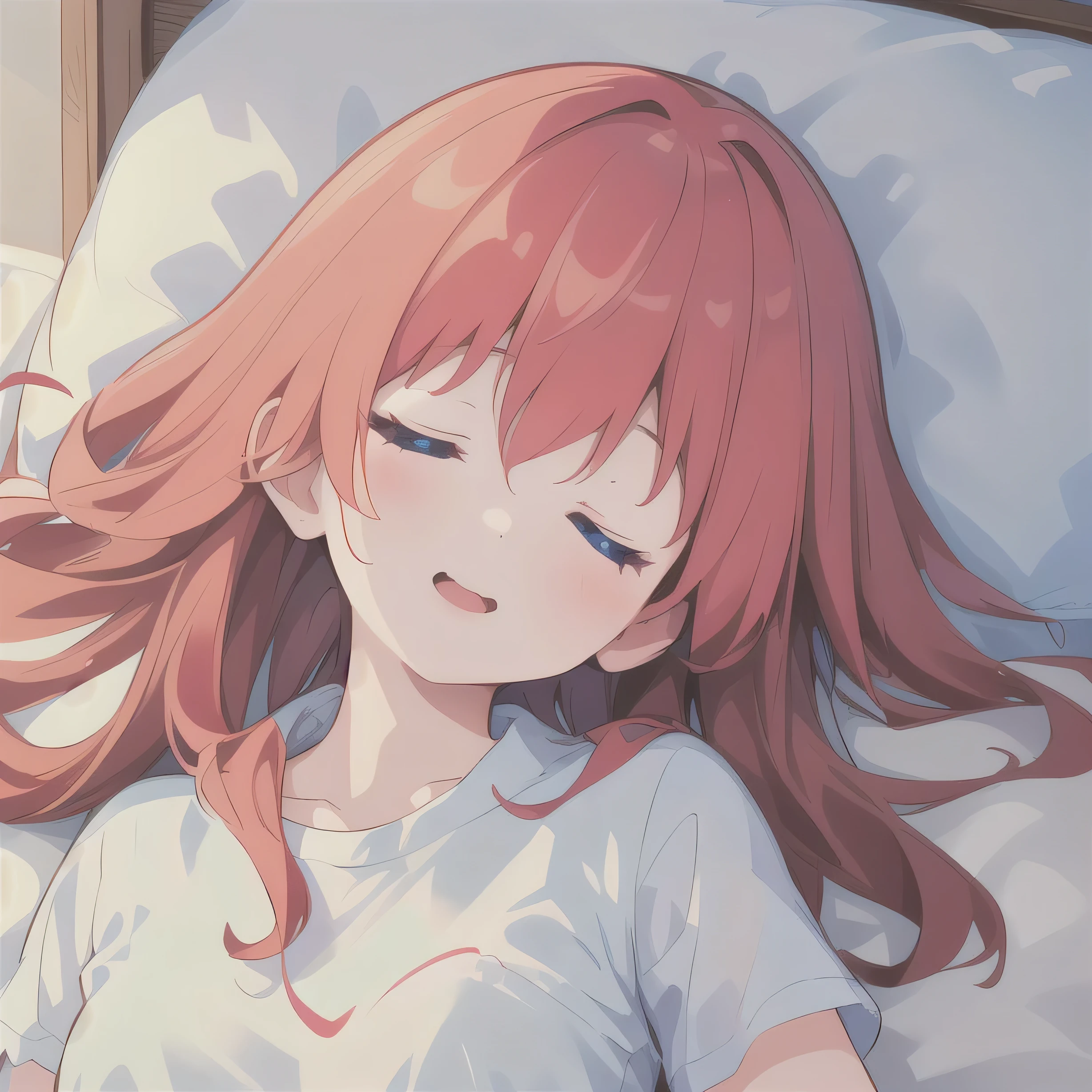 1girl, sleepeace, pajama, arm up, on back, head tilt, red_hair, long_hair, (mooning, sunlight:1.1), backlighting, (ultra_detailed:1.2)