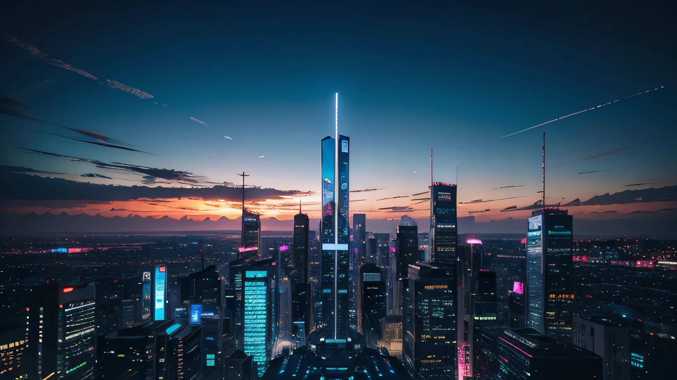 A cyberpunk glass city with blue pink sky