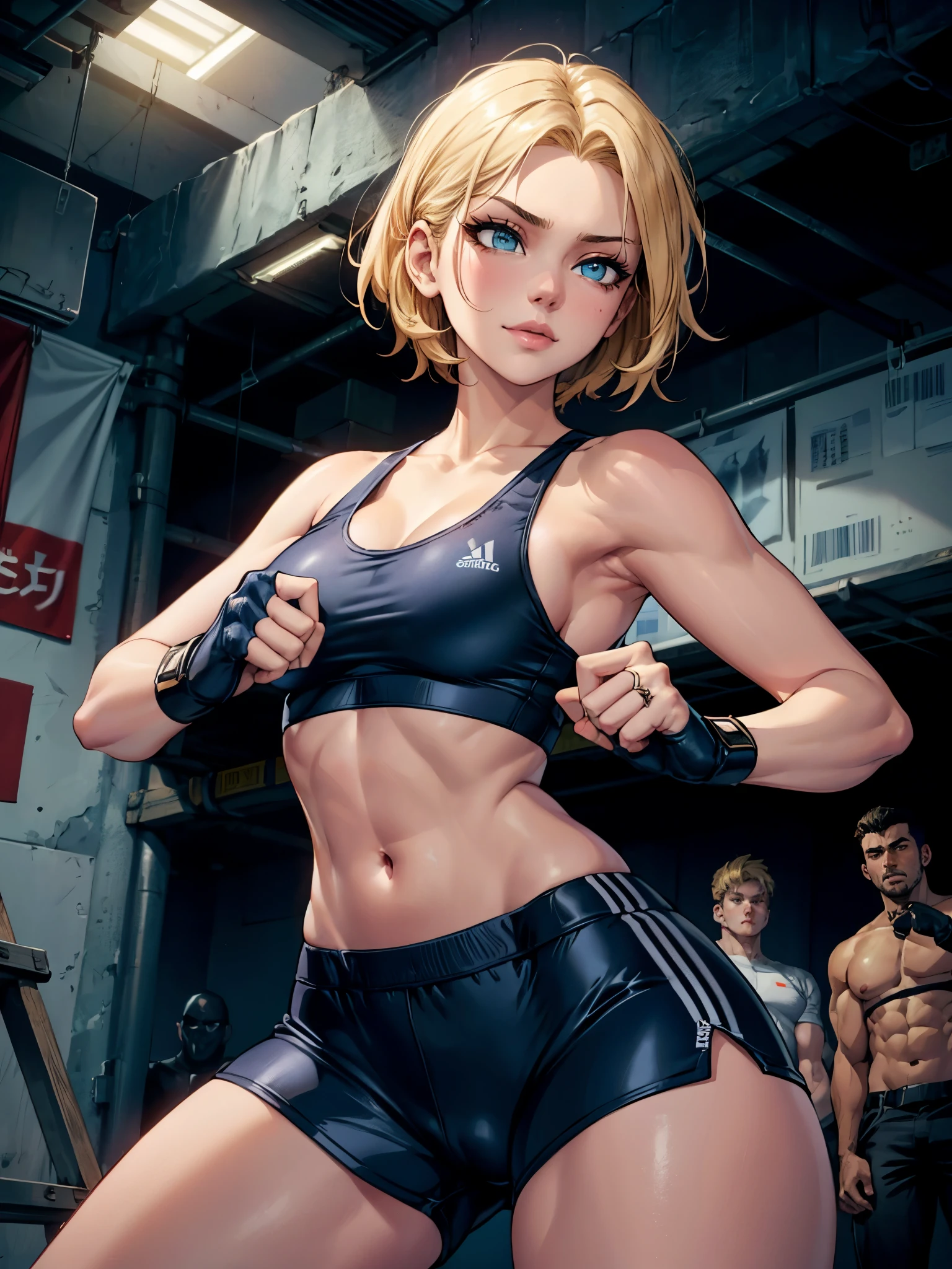 ((perfect anatomy,realistic,:1.3,RAW Photography:1.3,masterpiece、highest quality、Ultra - High resolution、High resolution、Highly detailed CG、8K)),cowboy shot,1 female,solo,20 year old beauty、female martial arts athlete、beautiful detailed face and eyes,big and gorgeous eyes),dark blue eyes,(blonde hair,center parted bangs,short hair),(large breasts,slender body,small head:1.4, toned body, gleaming skin,oily skin,shiny skgin),(navy blue sports bra、Dark blue sports shorts、yellow open finger gloves)、fighting pose、simple martial arts ring、dim lighting、underground、audience、, smirk, sultry look, seductive, 