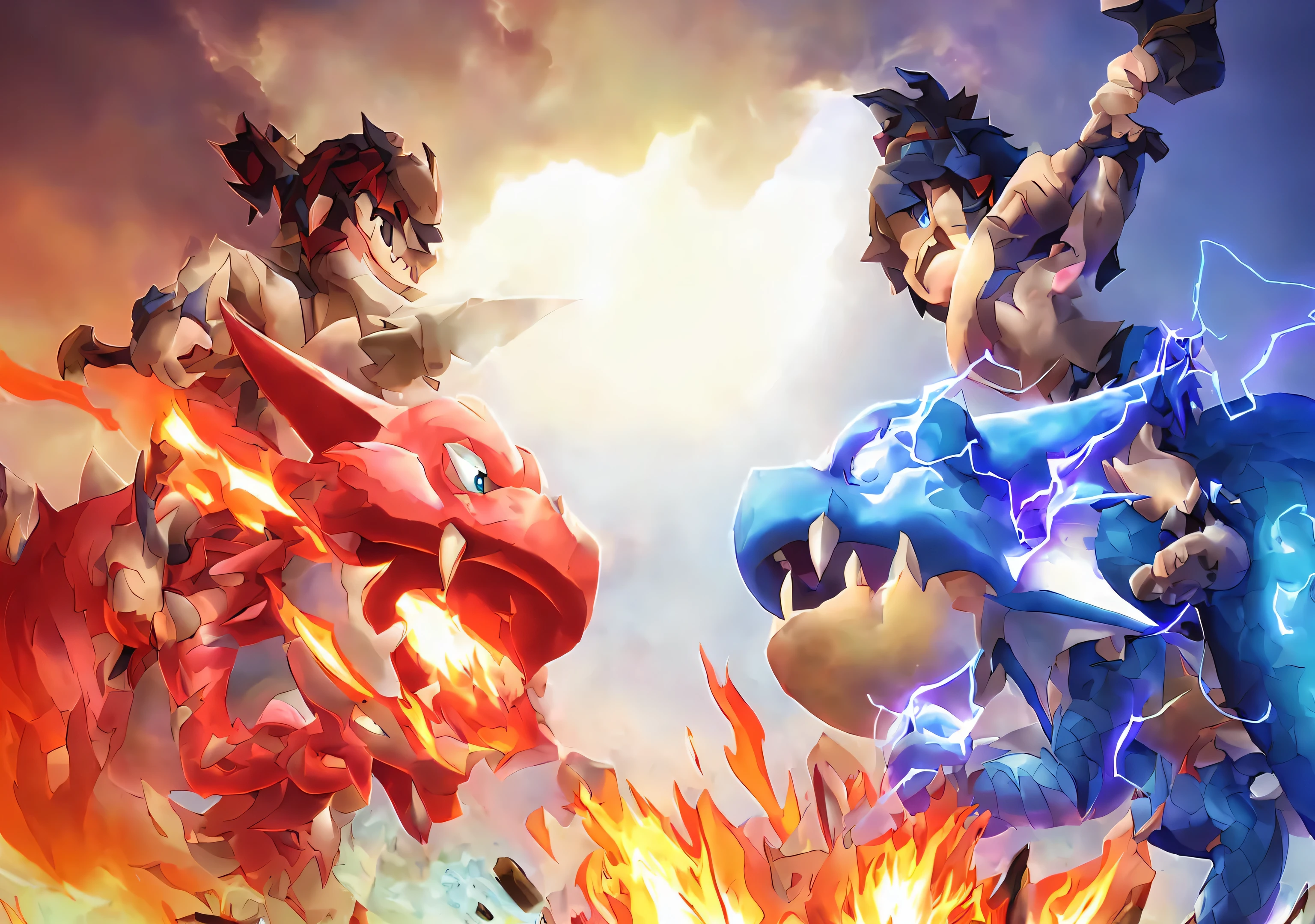 Two cartoon characters fighting for control of fire and water, fight with dragon, lightning dragon attack, Official ink art, epic fight screen of hero, Official screenshots, Fighting Monsters, fight between good and evil, fiery fight coloring, Mobile game art, critical art, epic fight, Official Artwork, game illustration, intense fight, Official Art, fight, fight the dragon