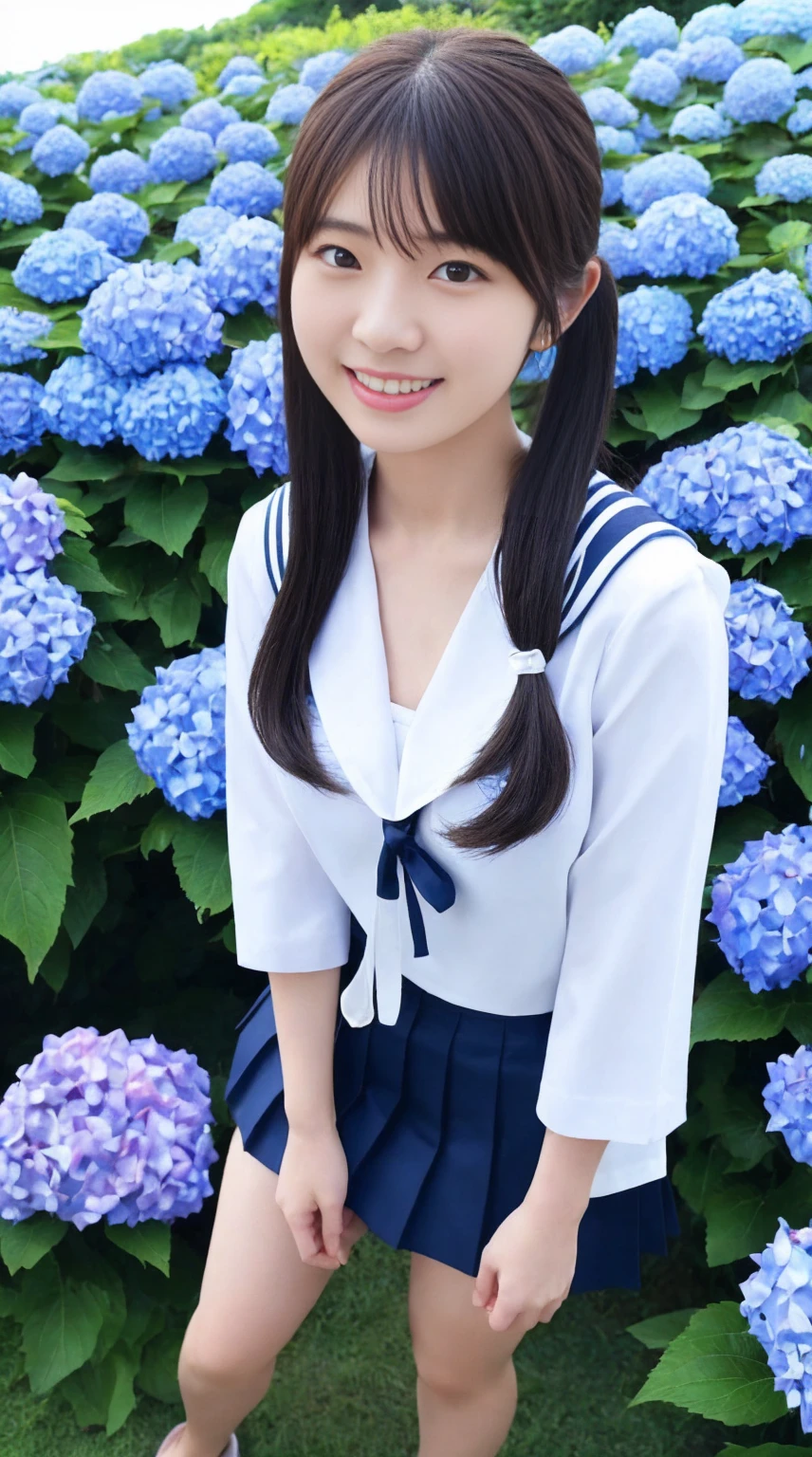 最high quality、high quality、Best image quality、Small size sailor suit、Tight uniform、Emphasize the chest、Summer clothes、mini skirt、Twin tails、smile、,最High resolution、High resolution、最high quality、masterpiece、RAW Photos、whole body写真、Detailed and realistic human body、Detailed and realistic skin、Realistic face in every detail、Detailed and realistic eyes、Detailed and realistic lips、Detailed and realistic teeth、Detailed and realistic ears、Detailed and realistic hair、Detailed and realistic weapons、Realistic reproduction of every detail、Realistic fingers in every detail、(Beautiful Hands、thumb１reference４)、Realistic feet down to the last detail、((Beautiful Japanese Woman))、(Japanese Model)、((21 year old beautiful woman))、(Black Hair)、(Straight hair)、((whole body))、(Slim and perfect figure)、(whole body光沢肌、Fair skin)、Detailed and realistic human body、Detailed and realistic skin、Realistic face in every detail、Detailed and realistic weapons、Realistic fingers in every detail、Detailed realistic feet、Soft natural light、Japanese garden、A 360-degree view of hydrangea fields、((Standing in the middle of a hydrangea field(A girl surrounded by hydrangeas 360 degrees))、Poses to make your thighs look beautiful