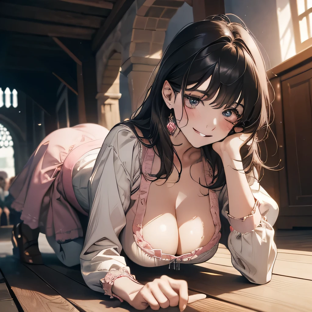 （Best image quality）,masterpiece,8k wallpaper,One Woman,22 years old,Europe,（（German folk costume））,Black Hair，Large Breasts，Cleavage,On all fours,Looking up at the audience,Captivating smile，Pink Cheeks，The background is a German village,Natural soft light,frontage,70 degree angle of view