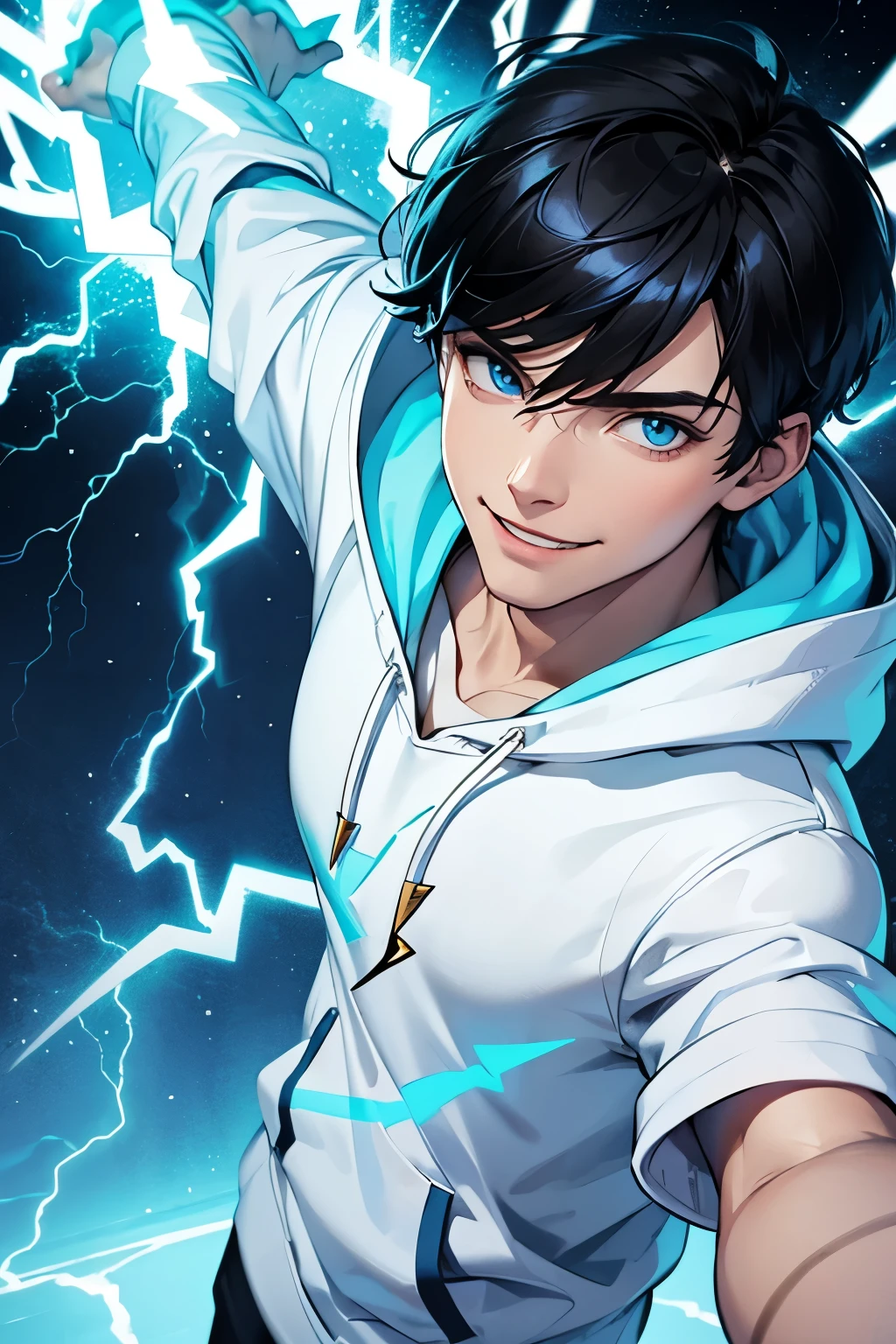 Short Black haired man with light blue eyes having lightning powers. Wearing white and gold hoodie. He is smiling