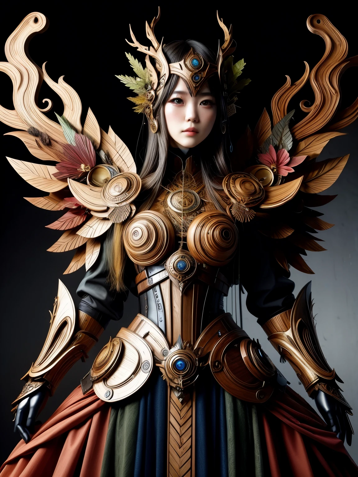 (high quality), (masterpiece), (detailed), 8K, Hyper-realistic illustration depicts (Japanese girl1.3) with intricate (wood skin attire1.2) adorning her upper body, showcasing exceptional attention to detail and texture, in the style of Hajime Sorayama.
