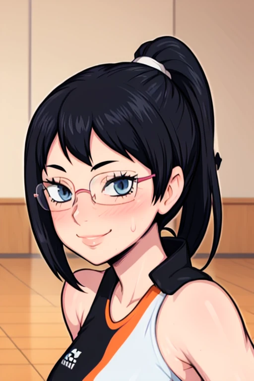 masterpiece, best quality, shimizu kiyoko looking at viewer, black hair, blue eyes color, small breasts, upper body, portrait, looking at viewer, seductive smile, armpits, armpits visible, sweaty armpits, wearing black orange volleyball uniform, wearing glasses, ponytail hair