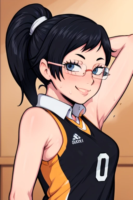 masterpiece, best quality, shimizu kiyoko looking at viewer, black hair, blue eyes color, small breasts, upper body, portrait, looking at viewer, seductive smile, armpits, armpits visible, sweaty armpits, wearing black orange volleyball uniform, wearing glasses, ponytail hair