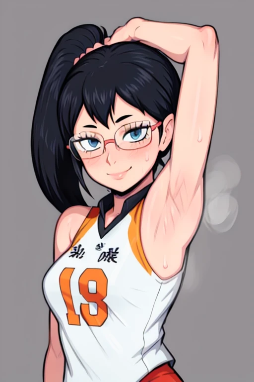 masterpiece, best quality, shimizu kiyoko looking at viewer, black hair, blue eyes color, small breasts, upper body, portrait, looking at viewer, seductive smile, armpits, armpits visible, sweaty armpits, wearing black orange volleyball uniform, wearing glasses, ponytail hair