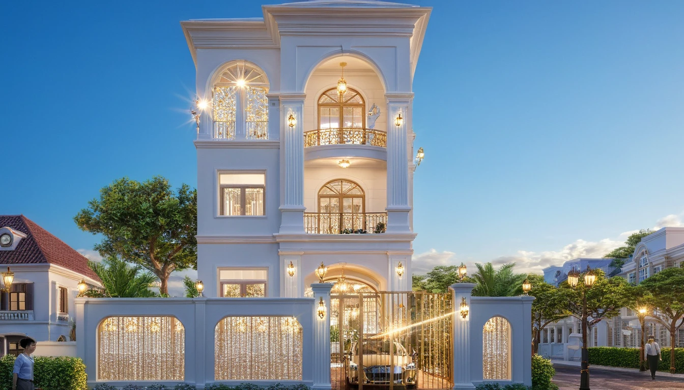 ,Masterpiece, Best quality,8K, Ultra-high resolution, rich atmosphere of luxury。Ornate crystal chandeliers hang high on the wall,Shine brightl . It is so comfortable,So much so that you can't help but indulge in it。Embellished with precious porcelain and champagne gold ornaments。Whenever it is late afternoon,The afterglow from the window spilled on the floor,Soft light and shadow are reflected,It was as if entering a dreamlanD,,Architectural style Architectural style, ((Classic Style House)),(masterpiece) , ((best quality)), dramatic lighting, high quality outdoors, sky, day, cloud, tree, blue sky, building, scenery, road, real world location, sunlight, enough detail, high resolution,super realistic, Photorealistic, highly detailed, balcony, door, car, truck, parking slot, paving, . Clean lines, architectural drawing, highly detailed , . Clean lines, geometric shapes, architectural drawing, highly detailed, (( round column : 1,3)), round pillar,