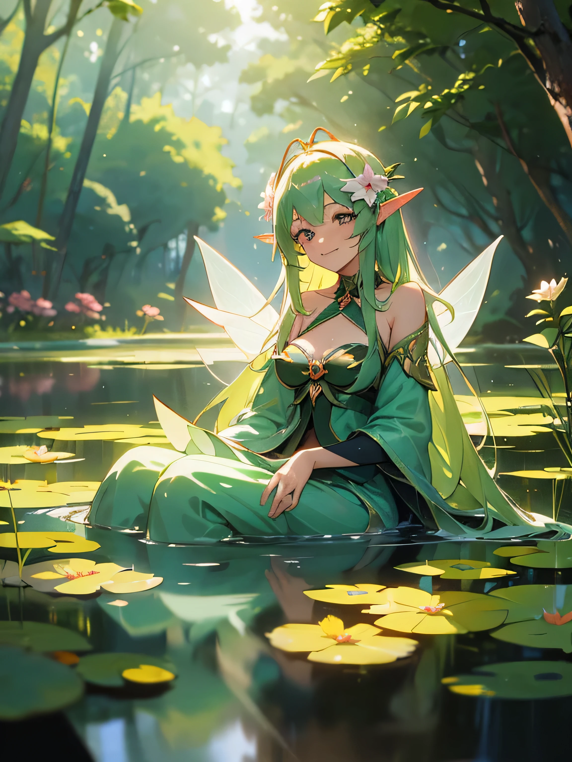 anime - style image of a woman in a fairy costume in a pond, elf girl wearing an flower suit, smiling as a queen of fairies, guweiz on pixiv artstation, trending on artstation pixiv, beautiful fairy, guweiz on artstation pixiv, queen of the fairies, forest fairy, fey queen of the summer forest, goddess of spring