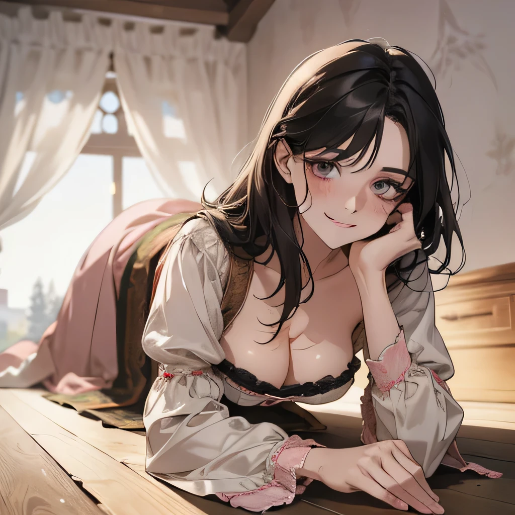 (Best image quality),masterpiece,8k wallpaper,One Woman,22 years old,Europe,((German folk costume)),Black Hair,Large ,Cleavag fours,Looking up at the audience,Captivating smile,Pink Cheeks,The background is a German village,Natural soft light,frontage,70 degree angle of view
